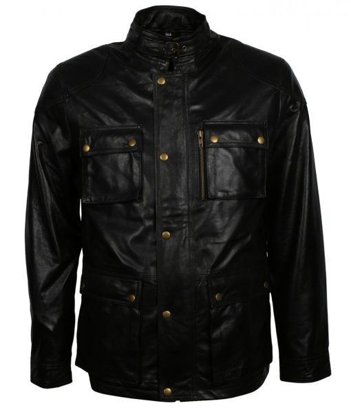 Men Four Pocked Black Leather Jacket