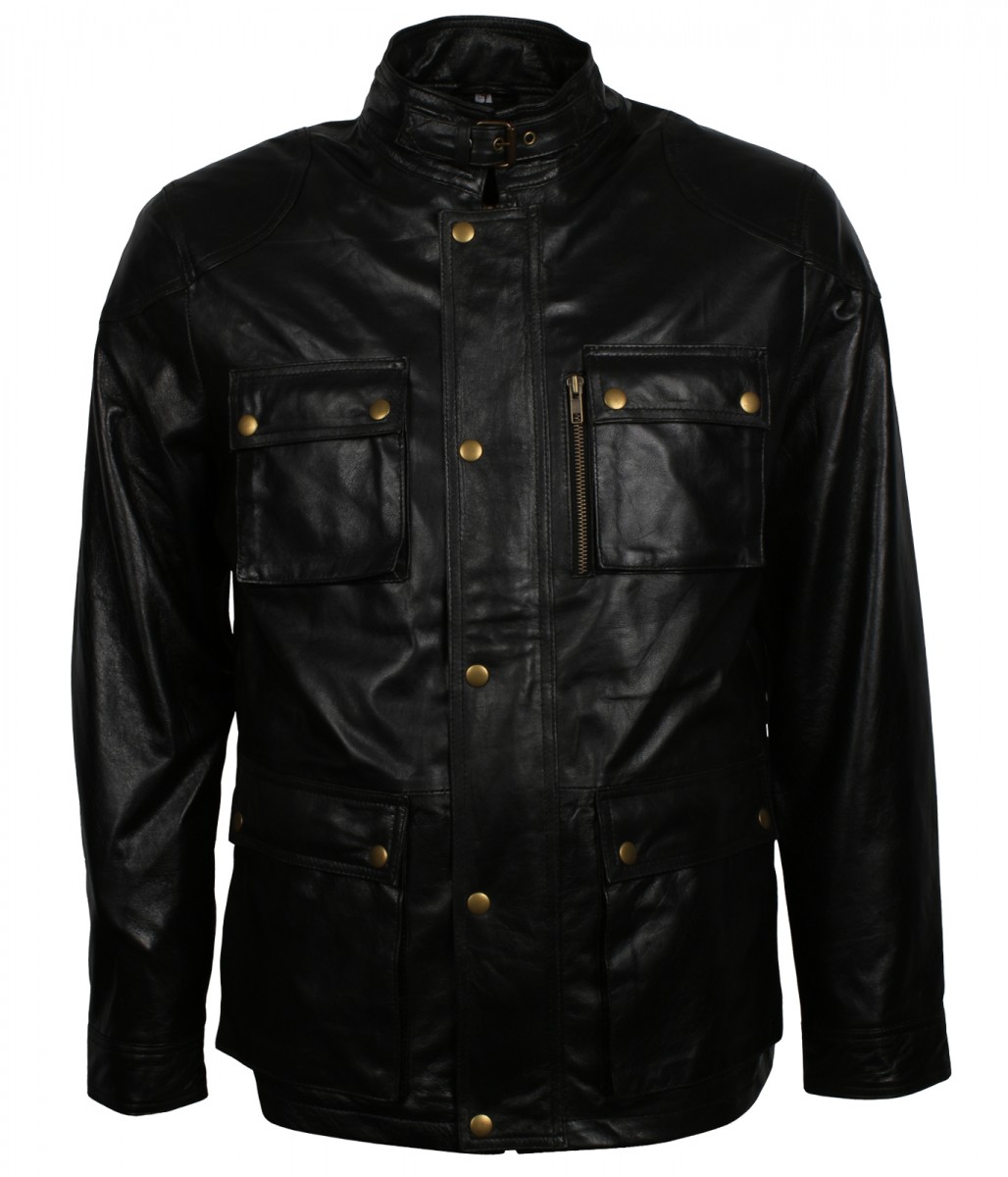 Black Leather Jacket Mens Four Pockets - Free Shipping Worldwide