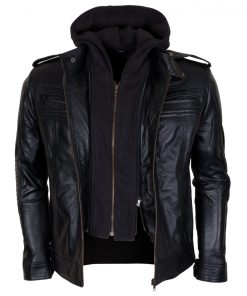 Aj Styles Mens Hooded Leather Jacket