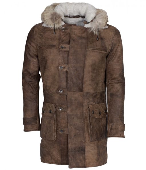 Bane Hooded Distressed Brown Leather Coat