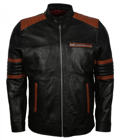 Brown Stripes Quilted Men's Black Leather Jacket