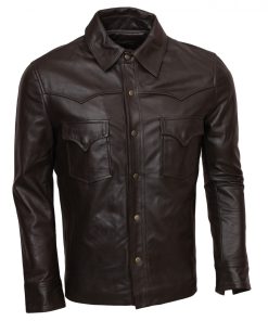 Chocolate Brown Mens Buttoned Leather Jacket