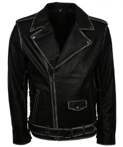 Distressed Belted Biker Leather Jacket
