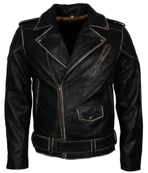 Distressed Black Motorcycle Leather Jacket