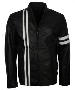 Driver White Stripes Leather Black Jacket For Sale Free Shipping USA Leather Jacket online