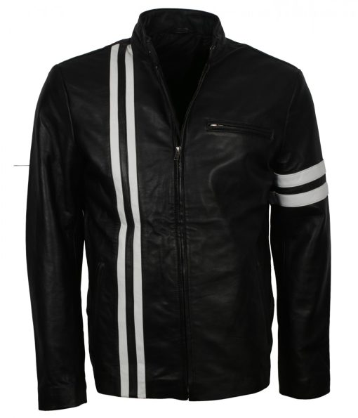 Driver White Stripes Leather Black Jacket For Sale Free Shipping USA Leather Jacket online