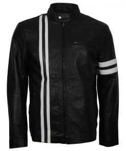 Driver White Stripes Leather Black Jacket