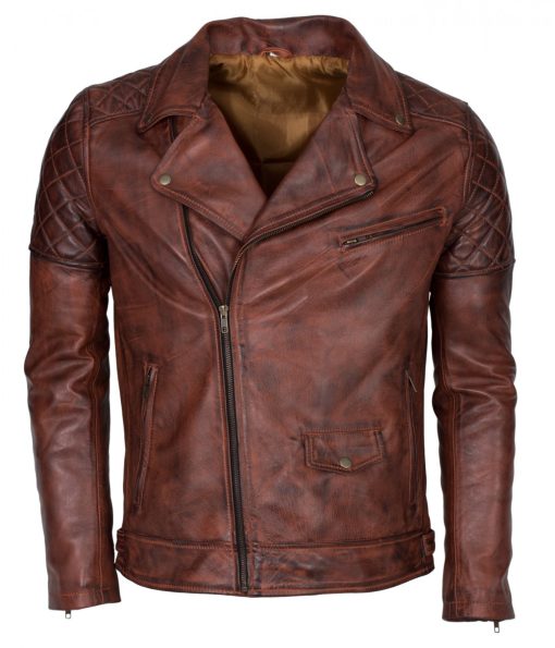 Men Brown Vintage Waxed Brando Biker Leather Jacket