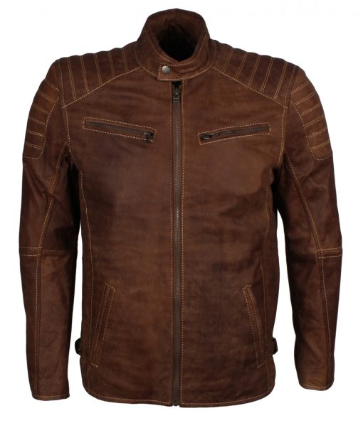 Mens Brown Quilted Buffed Leather Jacket