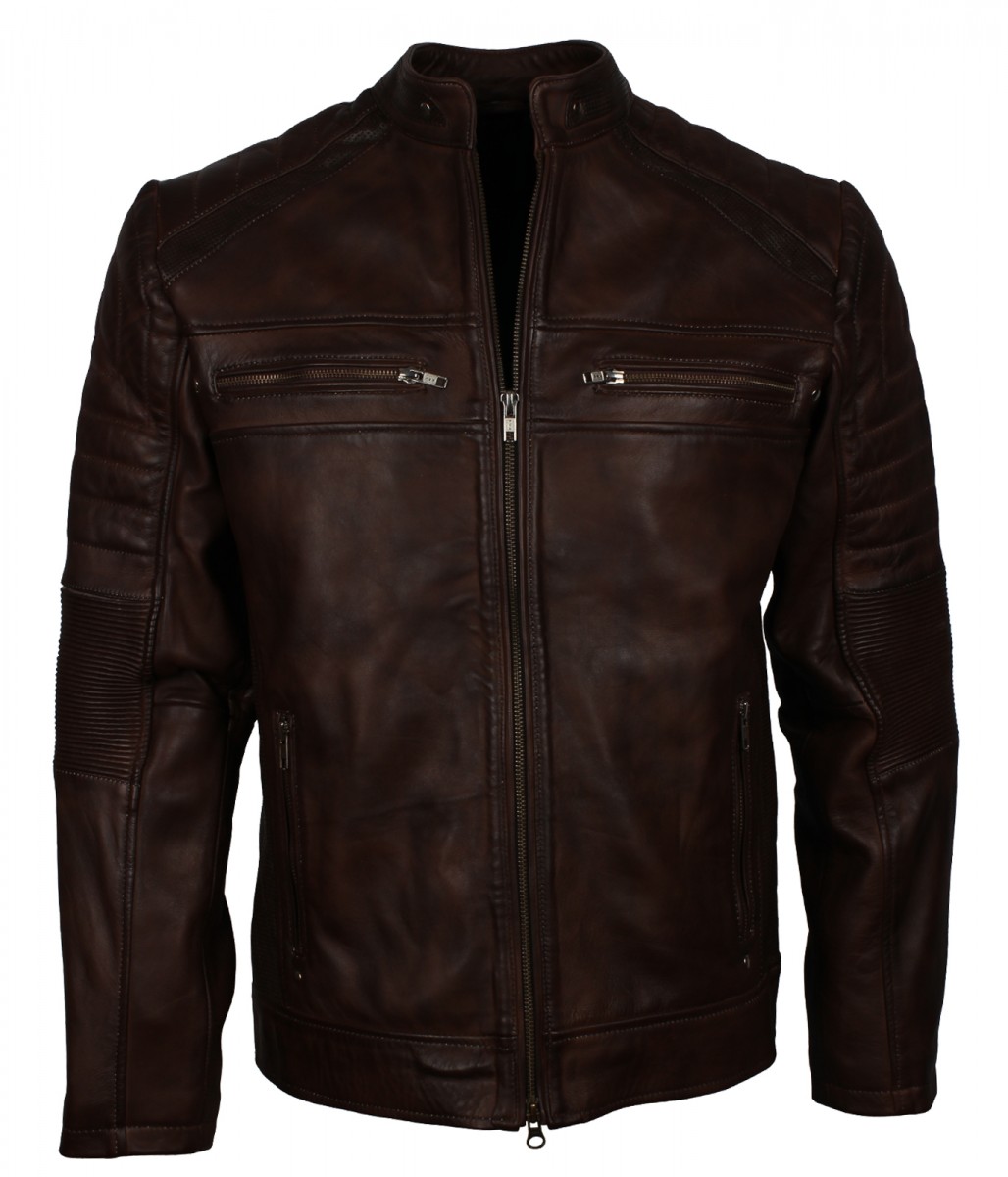 Cafe Racer Dark Brown Biker Leather Jacket - Stinson Leathers