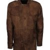 Mens Distressed Jungle Button Leather Coat