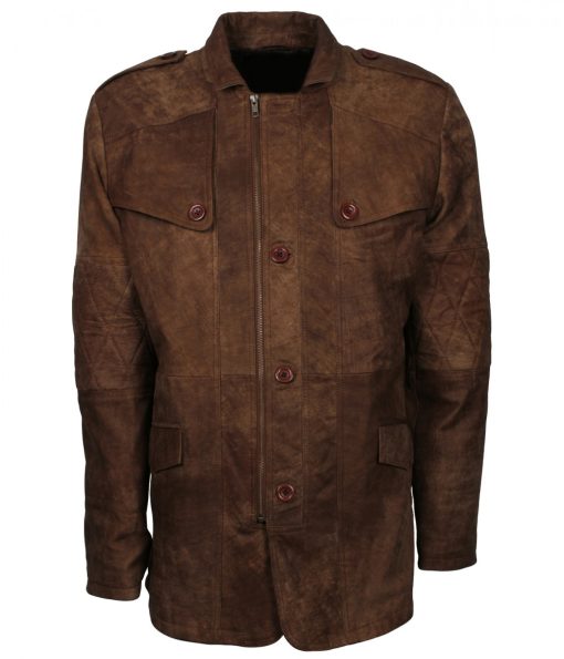 Mens Distressed Jungle Button Leather Coat