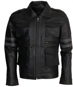 Mens Grey Striped RE Fashion Biker Leather Jacket