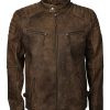 Mens Quilted Brown Distressed Leather Jacket