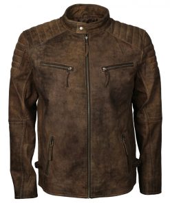 Mens Quilted Brown Distressed Leather Jacket