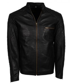 Quilted Sleeves Black Leather Jacket