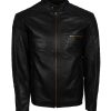 Quilted Sleeves Black Leather Jacket