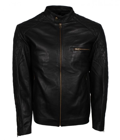 Quilted Sleeves Black Leather Jacket