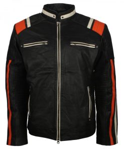 Men's Retro Red Stripe Black Leather Jacket