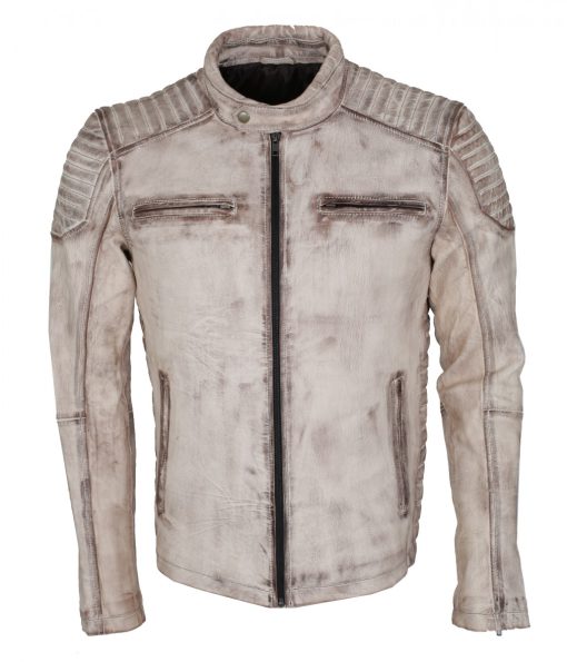 Men's White Waxed Vintage Biker Leather Jacket