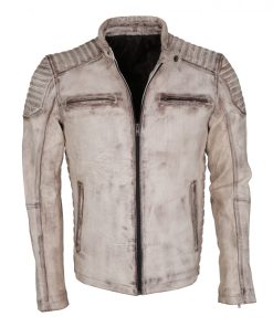 Men's White Waxed Vintage Biker Leather Jacket