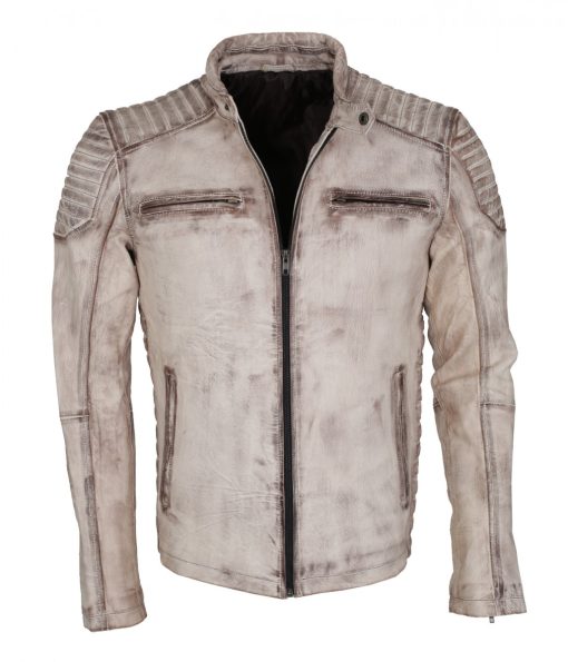 Men's White Waxed Vintage Biker Leather Jacket