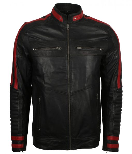 Red Stripe Black Cafe Racer Jacket