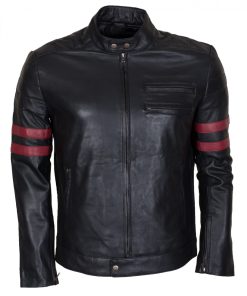 Red Stripes Men's Fashion Black Leather Jacket