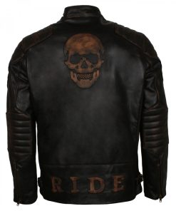 Ride Mens Black Skull Bikers Motorcycle Leather Jacket