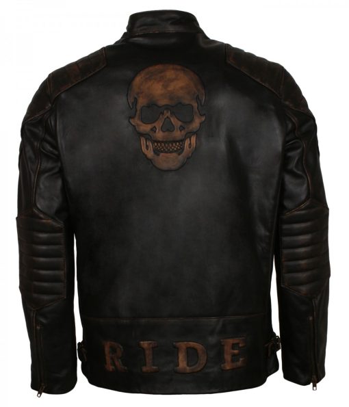 Ride Mens Black Skull Bikers Motorcycle Leather Jacket