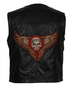 Skull Embroidered Men's Motorcycle Leather Vest Jacket