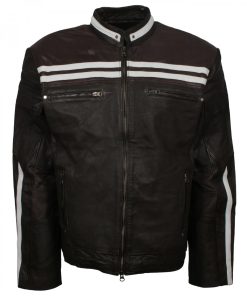 White Stripe Black Men's Leather Jacket
