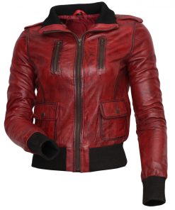 Women Fashion Red Waxed Genuine Leather Jacket