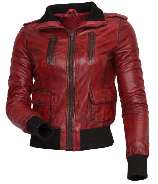 Women Fashion Red Waxed Genuine Leather Jacket