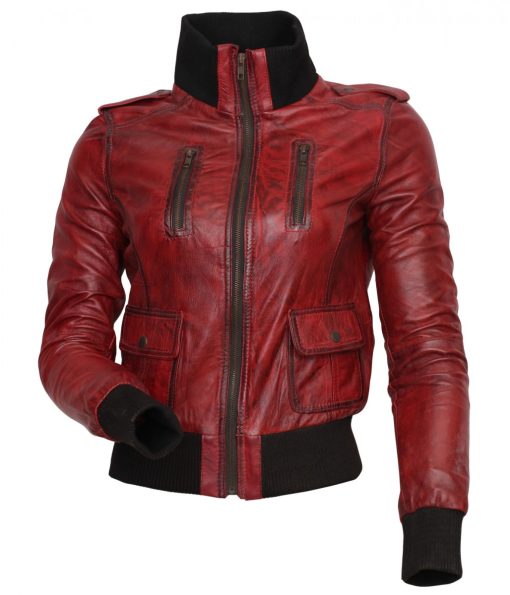 Women Fashion Red Waxed Genuine Leather Jacket Sale USA