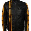 Yellow Star Stripes Mens Black Real Leather Jacket