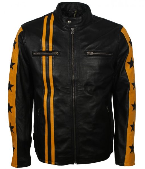Yellow Star Stripes Mens Black Real Leather Jacket