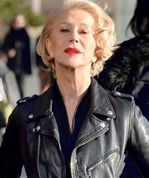 helen mirren biker black leather jacket