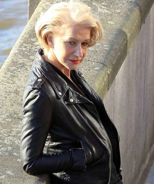 helen mirren biker black leather jacket