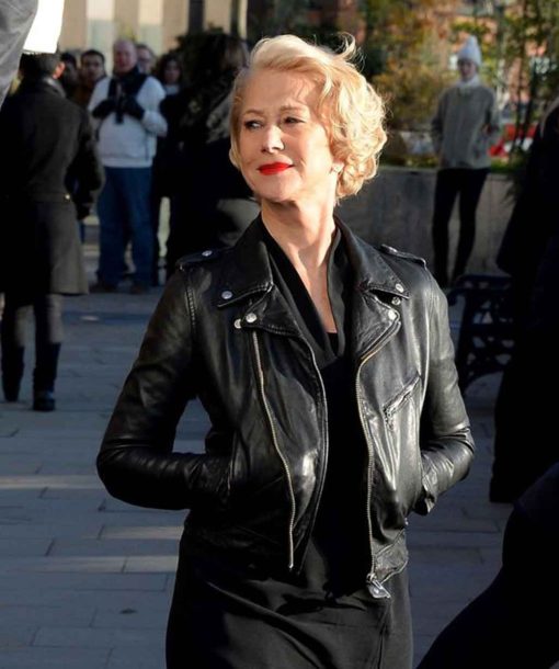 helen mirren biker black leather jacket