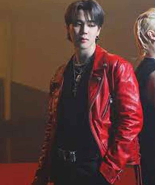 jimin red leather jacket
