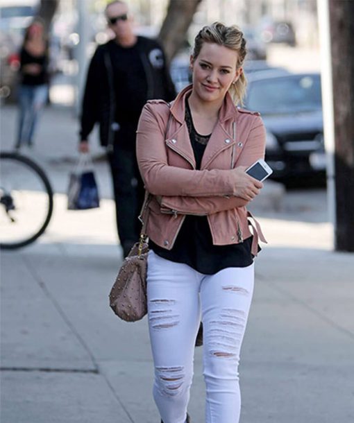 Hilary Duff Pink Biker Leather Jacket - Image 3