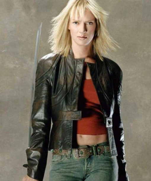Uma Thurman black leather jacket