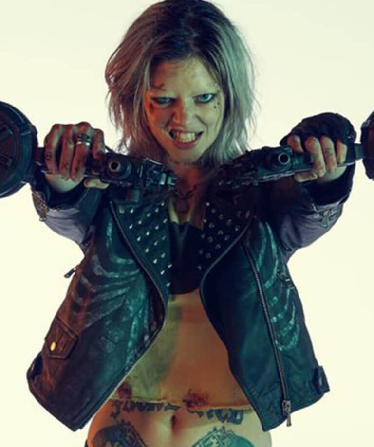 Guns Akimbo Samara Weaving Black Biker Leather Jacket guns-akimbo-samara-weaving-black-biker-leather-jacket