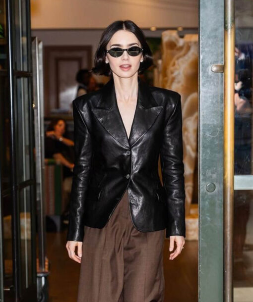 Lily Collins Black Leather Blazer - Image 3